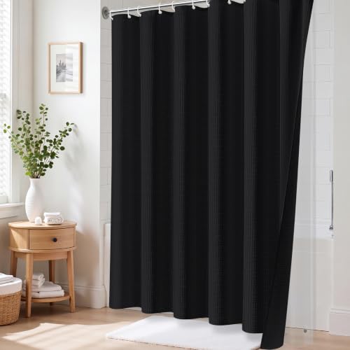 3 in 1 Waffle Shower Curtain Set with PEVA Liner 72Wx72H Black | 256GSM Heavy Duty Fabric, Waterproof Clear Liner, Hotel Luxury Weighted Cloth Shower Curtains for Bathroom, 12 Plastic Hooks - color: A Black, size: 72"W x 72"L (Pack of 1)