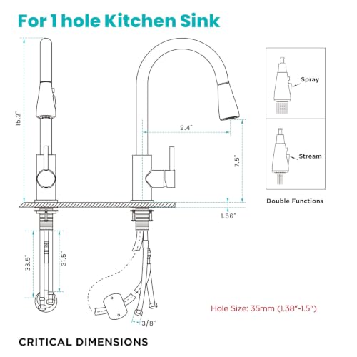 Kitchen Faucet with Pull Down sparyer,Leak Proof, Matte Black | 304 Stainless Steel,10-Min DIY Install,23-Inch Pull-Down Hose,2-Function Spray,360° Swivel Spout - color: Matte Black, size: 15.2 Inches