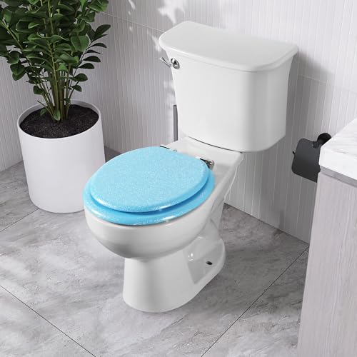 Angol Shiold Glitter Toilet Seat Molded Wood Round Toilet Seat with Quietly Close and Quick Release Hinges, Easy to Clean also Easy to Install (Round 16.5'', Blue) - color: Blue, size: Round 16.5‘’