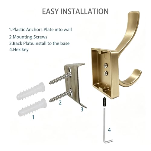 Brushed Gold Heavy Duty Wall Mounted Towel Hooks for Bathroom Bedroom | Metal Double Rust-proof Robe Coat Hooks for bath Kitchen Pool Garage Hotel Mudroom - color: Brushed Gold 4