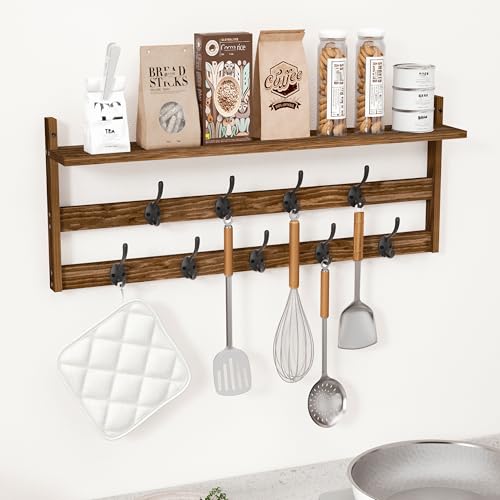 AMBIRD Coat Rack Wall Mount with Shelf, 29" Coat Hooks Wall Mounted with 9 Metal Hooks for Entryway, Bathroom, Bedroom, Living Room, Kitchen, 2 Tier Wall Hooks for Clothes, Hat, Towel, Key, Purse - style: 9 Hooks
