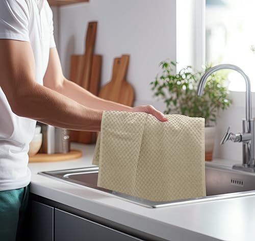 COTTON CRAFT Amazing Kitchen Towel - 12 Pack 100% Cotton Waffle Terry Towel | Beige - 16x28 inch Euro Café Waffle Weave Dish Towels - Soft Absorbent Quick Dry Low Lint Reusable Pantry Bar Cleaning Cloth - color: Beige, size: 12 Pack
