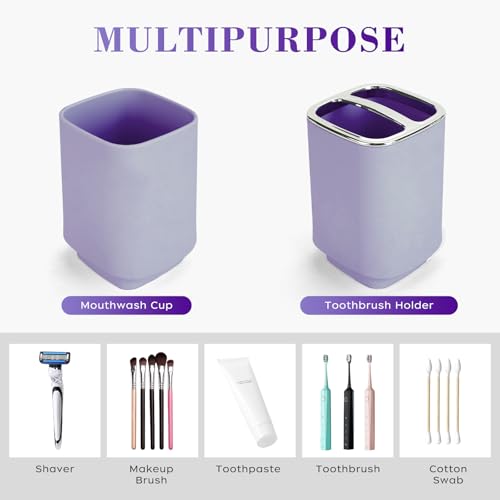 4Pcs Lavender Bathroom Set, Square Boho Soap & Toothbrush Holder Set | Thick shatterproof ABS, electroplated rust-proof pump, drip-free, multi-slot holder, dustproof lids, easy-clean - color: Lavender, size: 4PCS