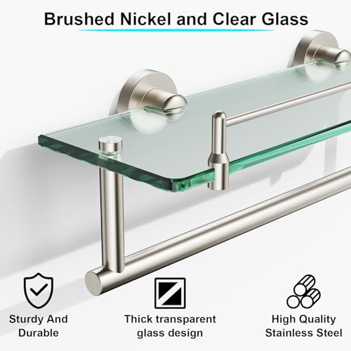 Floating Tempered Glass Bathroom Shelf with Towel Bar - Brushed Nickel & Stainless Steel, Wall Mount 16 Inch - color: Brushed Nickel, size: 16-inch with Railing