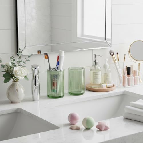 Green Toothbrush Holders for Bathrooms, 2pcs Glass Toothbrush Holder and 12oz Bathroom Tumbler Cup Set, Silver Tooth Brush and Toothpaste Organizer for Bathroom Vanity Countertop - color: Green Silver