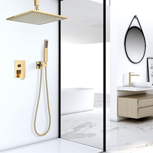 Polished Gold Shower System 12 Inch LED Square Rainfall Shower Head Ceiling Mount Shower Faucet Set with Hand Sprayer Rough-in Valve Trim Kit Bathroom Mixer Shower Combo Set - color: Gold, style: 12"-led