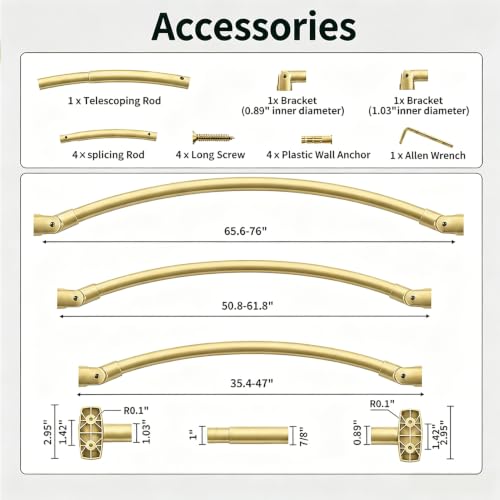 Gold Curved Shower Curtain Rod for Bathroom Bathtub 33-78 In Adjustable Curved Shower Rod, RustProof Stainless Steel Round Shower Rods for Stall,Extra Shower Space Expandable Need Drilling - color: Gold