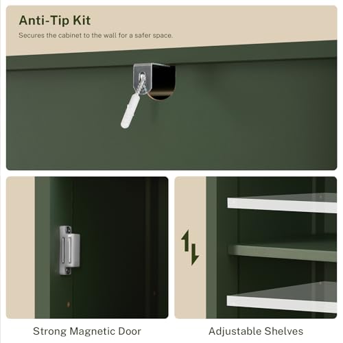 TEENFON Tall Bathroom Cabinet, Storage Cabinet with 6 Shelves & Drawer, Bathroom Storage Cabinet with Adjustable Shelves, Tall Cabinet for Living Room, Home Office, Green