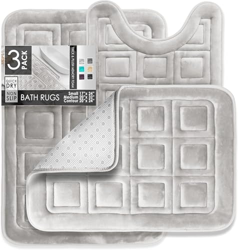 Clara Clark Set of 3 Bath Mats, Non-Slip Velvet Memory Foam Bathroom Rugs, Machine Wash, Soft and Plush Bath Rugs, 17 x 24 Inch, 20 x 32 Inch & U-Shaped 20 x 24 Inch, Waffle Design - Silver - color: Silver