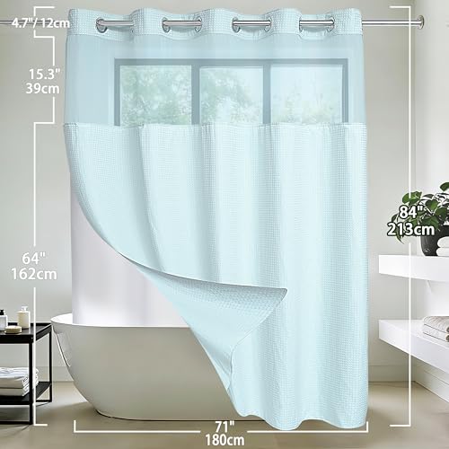 Conbo Mio Extra Long No Hook Waffle Weave Shower Curtain with Snap in Liner Set, Hotel Luxury Blue Shower Curtains for Bathroom with See Through Top Window, Waterproof, Washable 71W x 84H - color: Waffle-blue, size: 71"W x 84"L (Pack of 1)