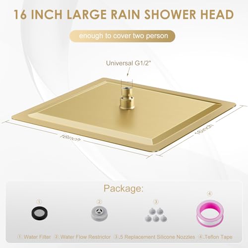 16 inch Brushed Gold Large Rain Shower Head Ceiling Mount - All Metal 304 Stainless Steel, Full Body Rainfall Shower with 324 Silicon Nozzles - Waterfall Bathroom Square Showerhead - color: Brushed Gold, size: 16 Inch Square