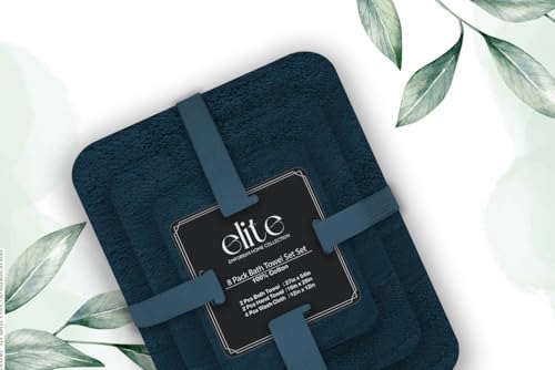 ELITE 8-Piece Zero Twist Cotton Bath Towel Set – 100% Cotton Luxury Towels – Ultra Soft, Fluffy & Absorbent – Quick Dry, Durable & Fade Resistant – Spa Quality Bath, Hand & Washcloth Set (Navy Blue) - color: Navy Blue