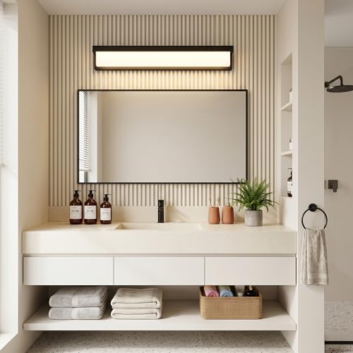 URSOLA LED Bathroom Vanity Light Fixture Over Mirror 24.4 inch Modern Rectangle Black Matte Metal Lighting Bar 4000K Daylight Wall Sconce (Black) - color: Black, size: 24inch
