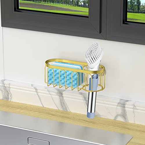 2-in-1 Sponge Holder for Kitchen Sink, Sink Caddy Kitchen Sink Organizer with 3 Suction Cups, No Drill Rustproof Sink Sponge Holder for Dish Brush, Soap & Sponge (Gold) - color: A Style-Gold