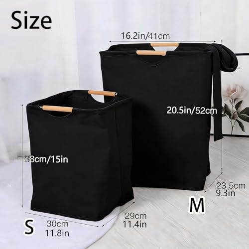 Collapsible Laundry Hamper Bag with Wooden Handles - 36L/8 Gallon Capacity Waterproof Oxford Cloth Storage Basket, Freestanding No Wire Frame, for Dorm Room, Bedroom, Bathroom (Small-Black) - size: Small-Black