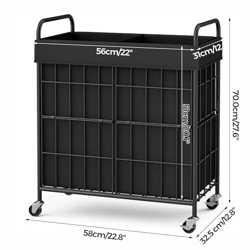 100L 2-Section Laundry Hamper with Wheels, Laundry Basket with Liner Bag | Lockable Casters; Divided Removable Liner; Reinforced Steel Frame; Metal Handle - color: Black, size: 100L-2 Sections