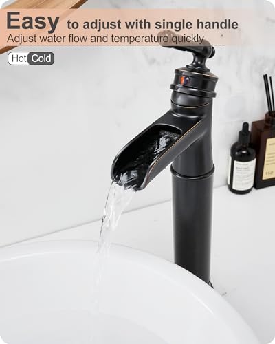 Brass Vessel Sink Faucet Oil Rubbed Bronze, Waterfall Tall Bathroom Faucet 1 Hole with Single Handle, Pop-Up Drain & Water Hose for Farmhouse Vanity Restroom Vessel Bowl Sink, 5 Mins Install - color: Oil Rubbed Bronze - Farmhouse
