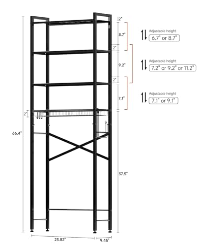 Over the Toilet Storage Rack,4-Tier Adjustable Bathroom Organizer Over Toilet with Storage Basket & 4 Hooks,Space Saving Shelf for Washer & Mini Fridge,Rustproof,Black Metal