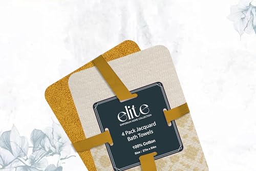 ELITE 4 Pack Luxury Jacquard Bath Towel Set – 100% Cotton, 600 GSM Ultra Soft & Absorbent Towels – Elegant Floral Pattern – 4 Large Bath Towels 27"x54" for Bathroom, Gift Spa & Hotel (Antique Gold) - color: Antique Gold