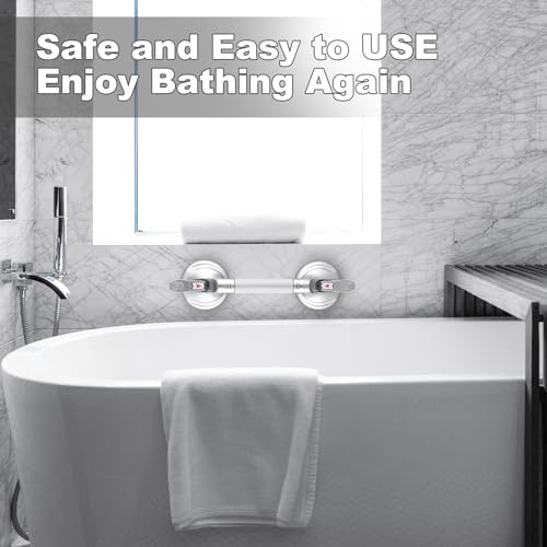 15-Inch Shower Handle - Upgraded Grab Bar with Strong Suction Cups for Bathtub & Shower Safety, Ideal for Seniors, Elderly, Disabled -Silver