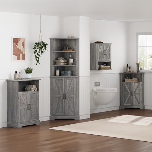 Smuxee Farmhouse Bathroom Cabinet Wall Mounted, Washed Grey Small Medicine Cabinet with Adjustable Shelf, Bathroom Cabinet for Living Room, Laundry Room - color: Washed Grey, size: Small