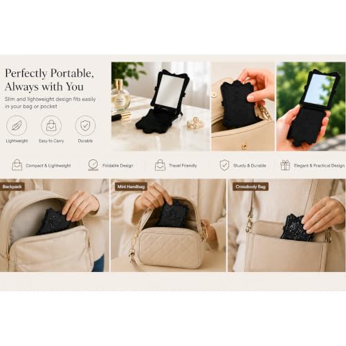 Portable Folding Makeup Mirror with Black Rose Frame, Compact Travel Vanity Mirror, Decorative Tabletop Cosmetic Mirror
