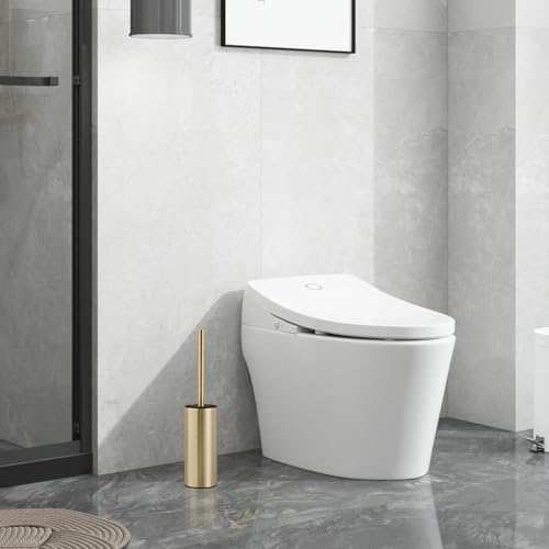 304 Stainless Steel Toilet Bowl Cleaner Brush and Holder Set | Brushed Gold Bathroom Toilet Brush, Floor-Standing Circular Base, Long Handle, Heavy-Duty with 2 Brush Heads YIGUANXIN - color: H-brushed Gold