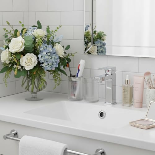 Clear Toothbrush Holders for Bathrooms, 2pcs Glass Toothbrush Holder and 12oz Bathroom Tumbler Cup Set, Silver Tooth Brush and Toothpaste Organizer for Bathroom Vanity Countertop - color: Clear Silver
