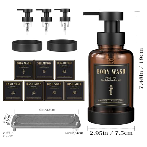 Luxspire 15oz Glass Foaming Soap Dispenser Set, Amber + Dark Gray, 2 Pack | Anti-drip pump, wide mouth easy refill, non-slip silicone base, 7 waterproof labels, refillable glass for hand dish soap - color: Brown