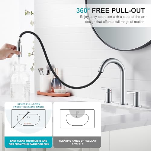 Chrome Pull Down Widespread Bathroom Faucet 8 Inch 2 Handle 3 Hole | Pull Out Bathroom Faucet with Pop Up Drain & Supply Lines, Lead-Free cUPC & NSF Certified, 8 Inch Faucet for Vanity RV Sink - color: Chrome