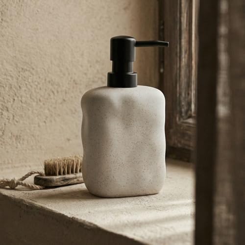 EMPO Ceramic Hand Soap Dispenser with Matte Black Pump, Stone-Textured Wabi-Sabi Liquid Dispenser for Bathroom Vanity and Kitchen Sink (440ml/14.8oz) - size: 440 ml