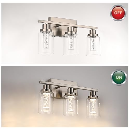 MELUCEE 3 Light LED Bathroom Light Fixtures Brushed Nickel 3000K-6000K | Dimmable Bathroom Lights Over Mirror Wall Light Fixture with Crystal Bubble Clear Glass Shade, Built-In LED Chips - color: Brushed Nickel, size: LED-3 Lights