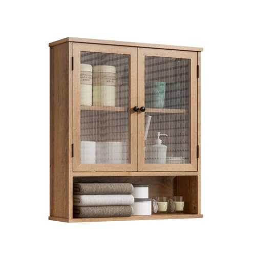 Bathroom Medicine Cabinet, Bathroom Wall Cabinet, Bathroom Cabinet Wall Mount, Medicine Cabinets for Bathroom with Glass Door - color: Wood Color