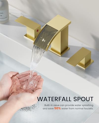 gotonovo Waterfall Bathroom Faucet 3 Hole Square Body,Brushed Gold | SUS304 8’’ Widespread Bathroom Sink Faucet,2.17’’ Wide Spout,24’’ cUPC Hose,Pop Up Drain,2 Handle,Vanity,Lavatory,Basin,RV - color: Gold