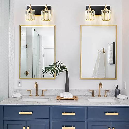 2-Light Crystal Bathroom Vanity Lights, Black Gold Modern Bathroom Light Fixtures Over Mirror Crystal Wall Lighting with Polished Gold Finish - color: Black Gold-Round Shade, size: 2-Light