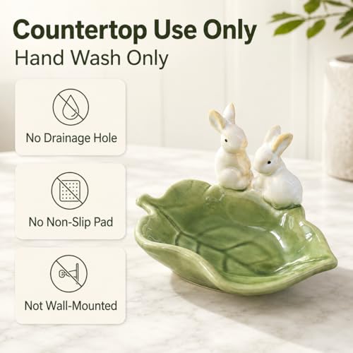 Rabbit Ceramic Soap Dish, Green Bunny Countertop Tray | Glazed ceramic; for soap, sponge, jewelry, keys; countertop only, no drainage hole or non-slip pad.