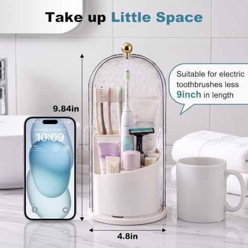 QIYVLOS Toothbrush Holders with Sliding Lid, Rotating 3 Slots Bathroom Organizer Countertop, Tooth Brush Toothpaste Holder Bathroom Counter Stand Caddy for Vanity Makeup Brushes Holder (White) - color: White