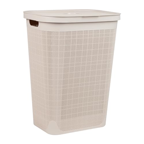 Mind Reader 60L Slim Laundry Hamper, Clothes Basket, Lid, Linen Design, Plastic, Ivory - color: Ivory