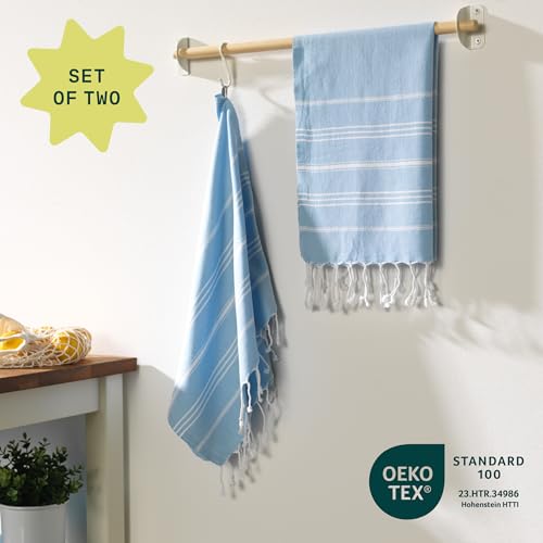 WETCAT Turkish Hand Towels with Hanging Loop, Set of 2 (20" x 30") 100% Turkish Cotton, Pre-Washed, Quick Drying, for Kitchen or Bathroom - Light Blue - color: Light Blue