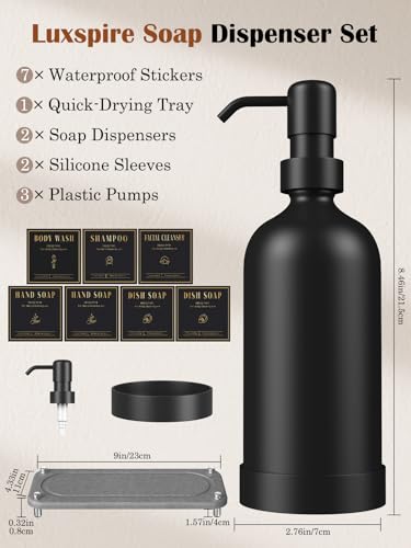 Luxspire 17 oz Glass Liquid Soap Dispenser Set, Black + Dark Gray, 2 Pack | Anti-drip pump, wide mouth easy refill, non-slip silicone base, 7 waterproof labels, refillable glass for hand dish soap - color: Black+gray
