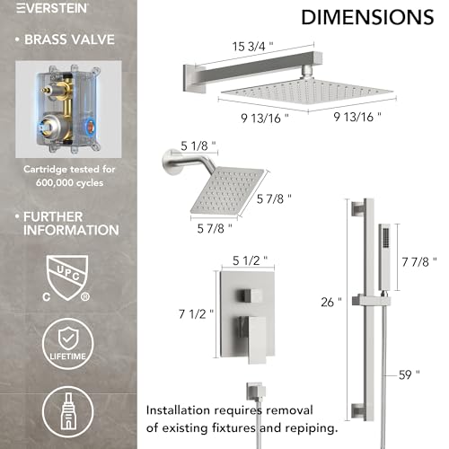 EVERSTEIN 10" High-Pressure Rainfall Shower Faucet with Handheld Spray, Wall Mount Dual Shower Head System with Slide Bar (Brushed Nickel) - color: Nickel, style: Wall Mount-with Slide Bar