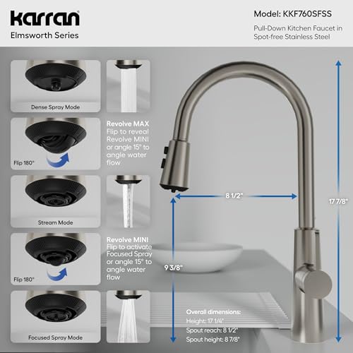 Karran Elmsworth Spot-Free Stainless Steel Commercial Style Pull-Down Kitchen Faucet with Dual Interchangeable Spray Heads, 5-Function Revolve MAX & 3-Function Revolve Mini Aerator, High-Arc Spout - color: Spot Free Stainless Steel