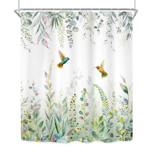 Sage Green Eucalyptus Spring Hummingbird Plants Bathroom Shower Curtain Set | 60"W x 72"H Botanical Emerald; waterproof HD print, quick-dry fabric with 12 free hooks for easy hanging. - color: A-sage Green, size: 60"W x 72"L (Pack of 1)
