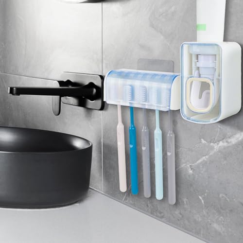 5 Slots Wall Mount Toothbrush Holder with Cover, Self Adhesive Toothbrush Storage Organizer for Shower, Toothbrush Hanger with Automatic Toothpaste Squeezer Dispenser(White + Blue) - color: White + Blue Combination