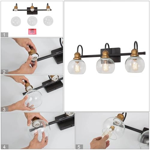 KSANA Farmhouse Bathroom Light Fixture, Modern Black Gold 3-Light Vanity Light with Opening Clear Glass Shade, Modern Antique Brass Wall Lamp Over Mirror - color: Black Gold, size: 3-Light Opening Bathroom Vanity Light