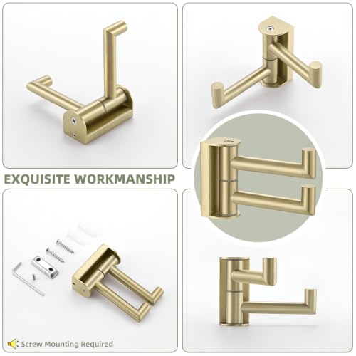 Suyar Brushed Gold Swivel Double Towel Hook, Bathroom Coat Robe Holder | SUS304 Stainless Steel Dual Hand Towel Hook, Space-Saving Solution, Wall Mounted - color: Brushed Gold, size: 1 Pack
