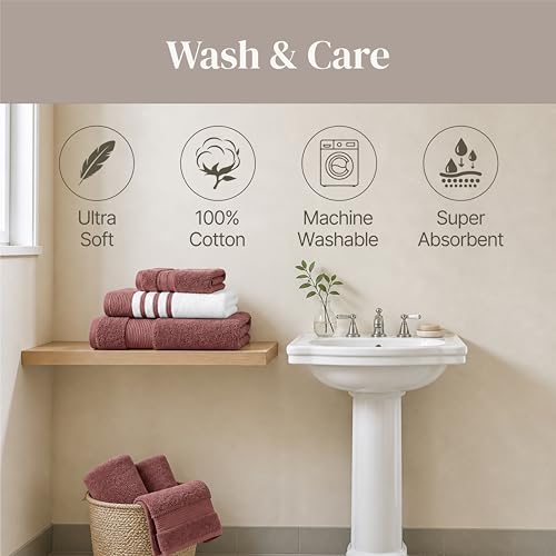 Modern Threads 6-Piece Towel Set – 100% Cotton, Quick Dry, Ultra Absorbent – Includes 2 Bath, 2 Hand, 2 Washcloths (White/Reinhart Rose) - color: Rose, style: Classic Stripe