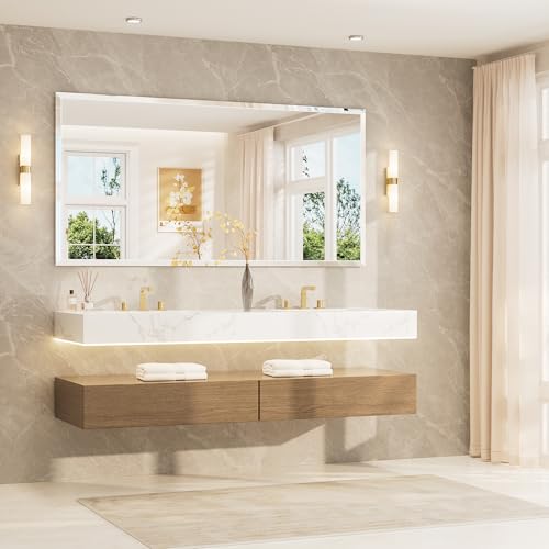 TETOTE 72" x 36" Rectangle Tempered Mirror with Frameless Beveled Edge for Vanity and Bathroom - size: 36"L x 72"W