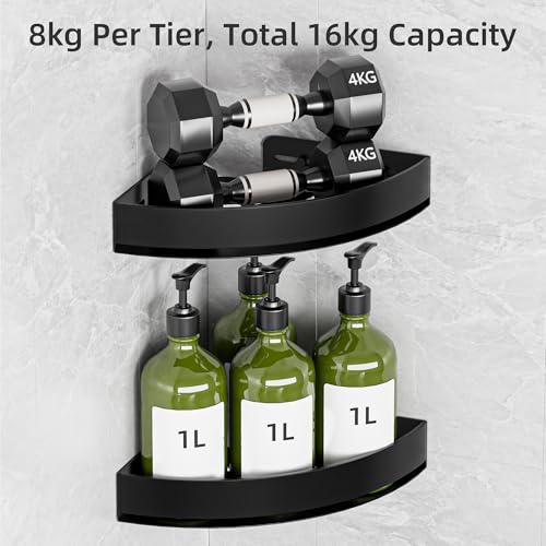 Wisfame Black Corner Shower Caddy, Triangle Shower Shelf No Drilling, Metal | Rustproof Aluminium, Adhesive & Drill Installation, Wall Mounted, 2 Pack, Bathroom Shampoo Holder for Toiletries