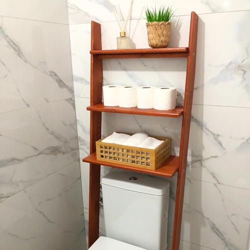 Over The Toilet Birch Wood Bathroom Organizer Shelves, 3-Tier Freestanding Above Toilet Storage Ladder Shelf, Standing Space Saver Behind Toilet Small Bathroom Organizer (Chestnut) - color: Chestnut